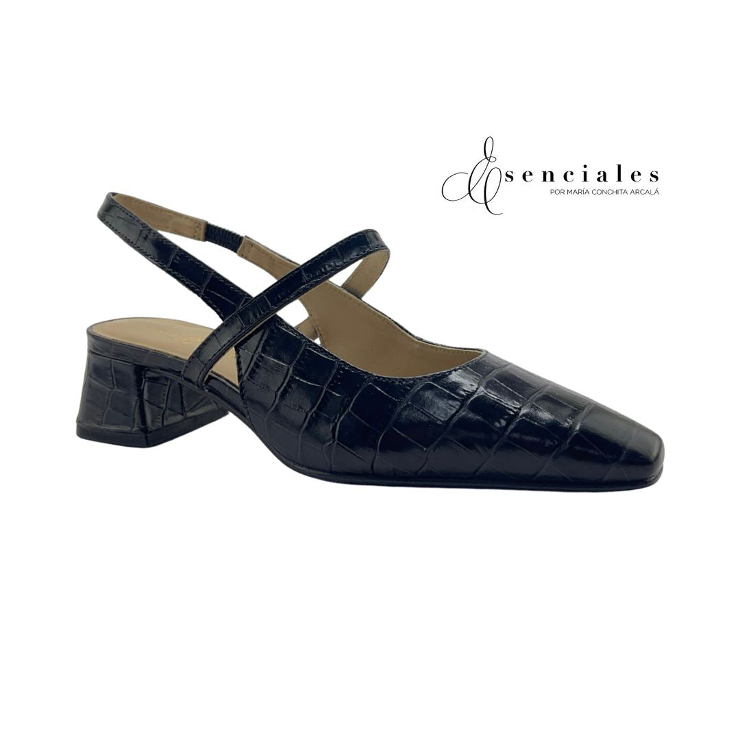 Slingback Croco de tacón bajo en color Croco Preto — Esenciales II de María Conchita Alcalá