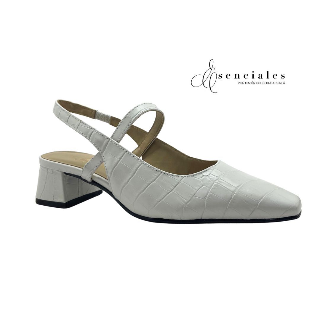 Slingback Croco de tacón bajo en color Croco Branco — Esenciales II de María Conchita Alcalá